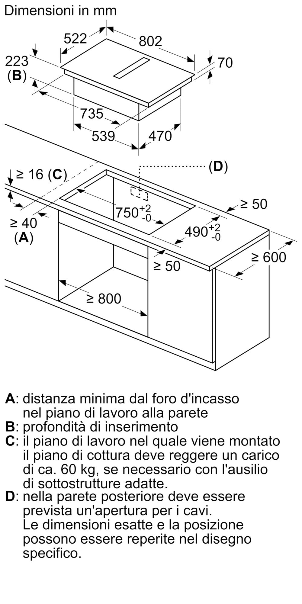 Piano a induzione con cappa integrata 80 cm senza profili V58NBS1L0