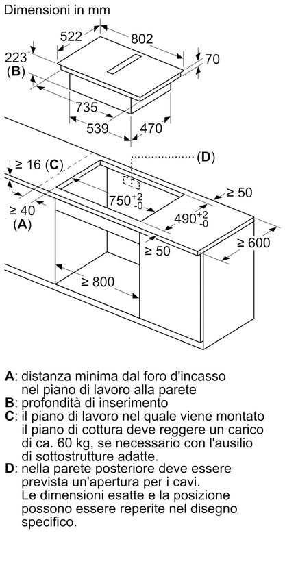 Piano a induzione con cappa integrata 80 cm senza profili V58NBS1L0