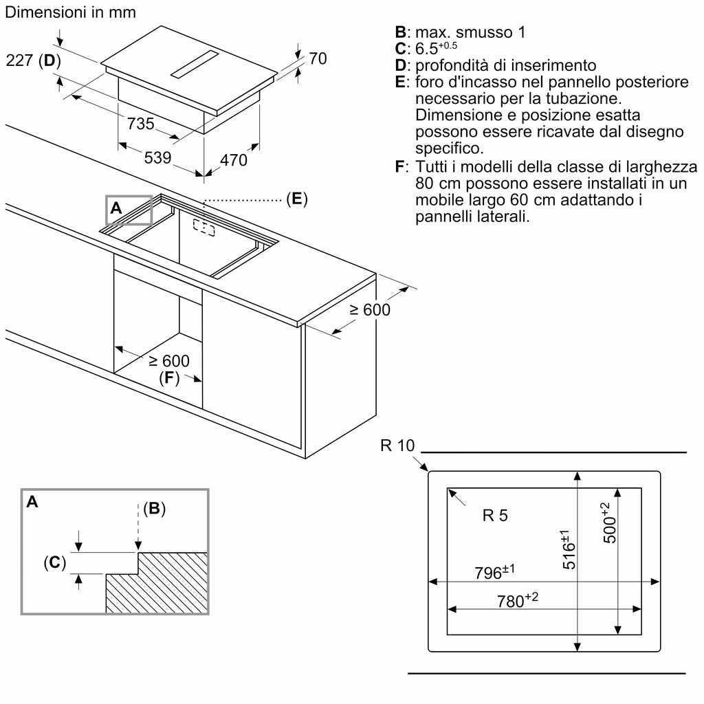 Piano a induzione con cappa integrata 80 cm flush mount V68PYX4C0