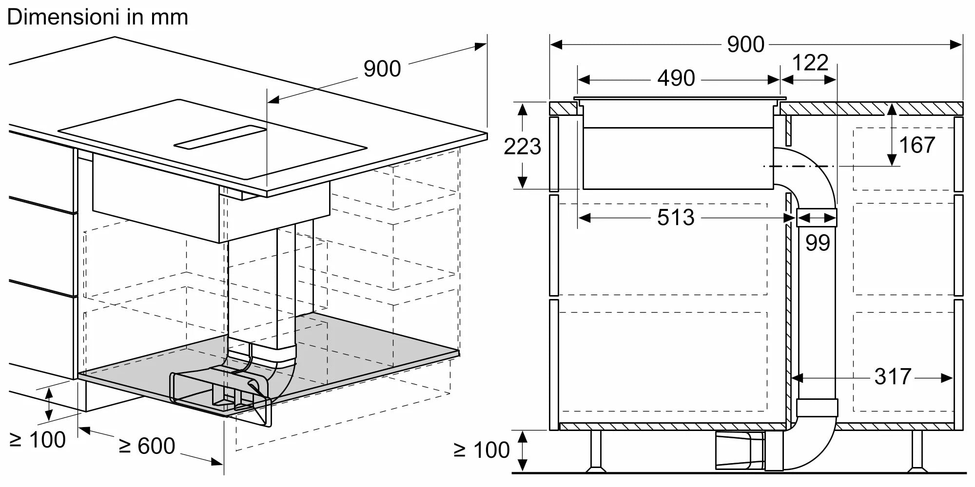 Piano a induzione con cappa integrata 80 cm senza profili V58NBS1L0